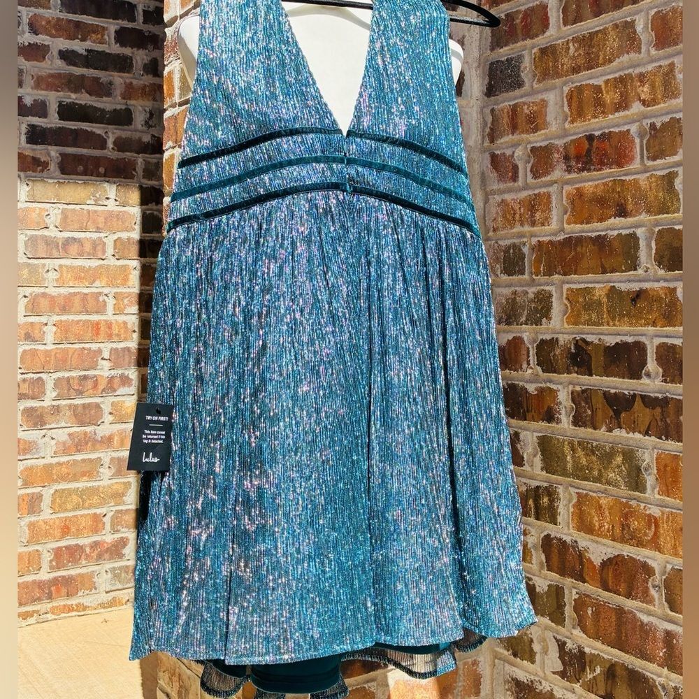 Lulus NWT Teal Metallic Pleated V-Neck Empire Waist Party Dress XL - Picture 12 of 12
